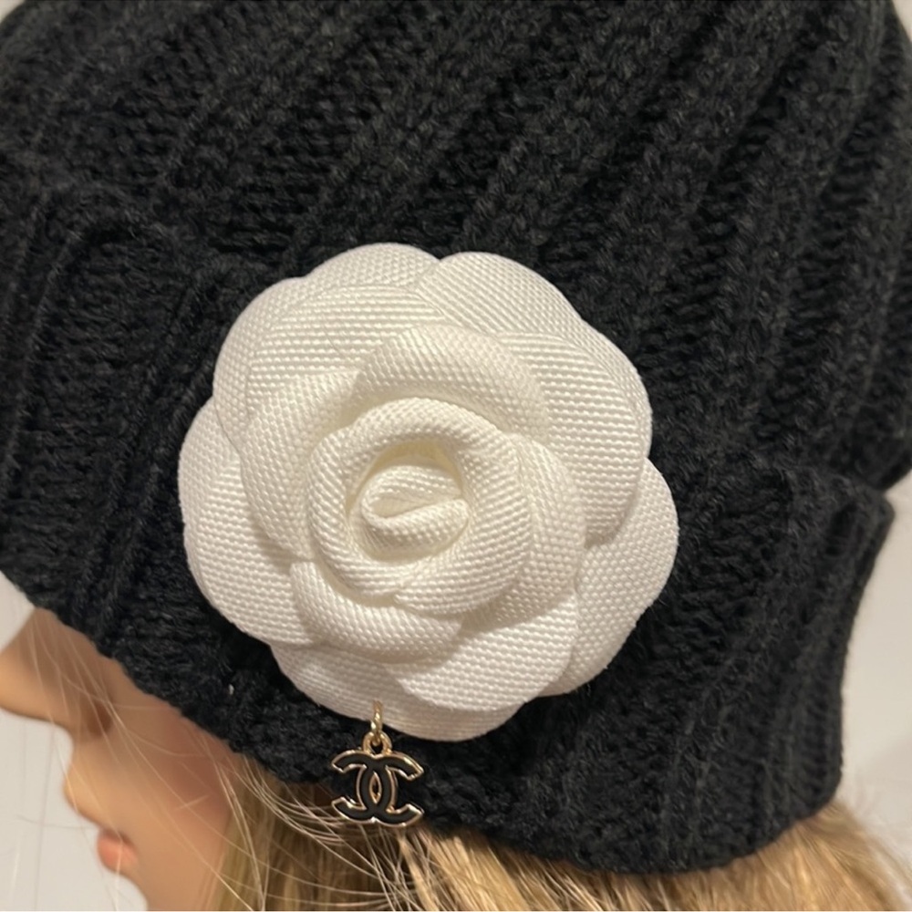 Vince Camuto Black Knit Beanie with White Camellia Flower Accent